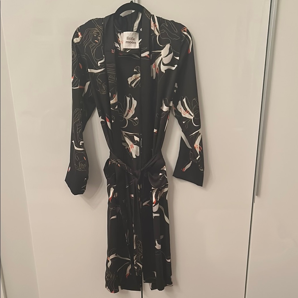 Little Moon Black Floral Wrap Dress Coat